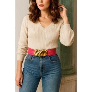 Vintage Stone Mountain Pink Leather Belt w/ Gold Sculptural Clasp 30" USA